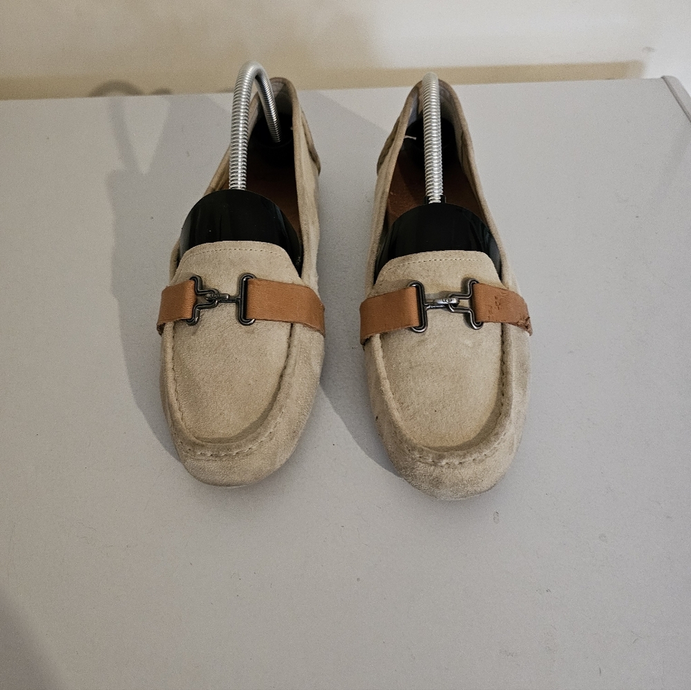 Classic Beige Suede Loafers with Tan Strap